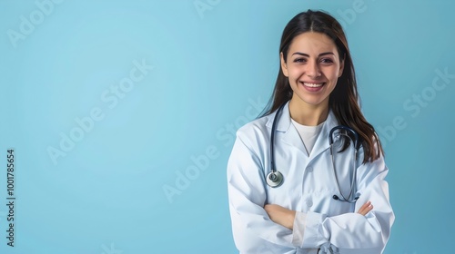 Smiling Female Doctor Wearing a White Lab Coat and Stethoscope, Isolated on a Blue Background, AI, Ad Space
