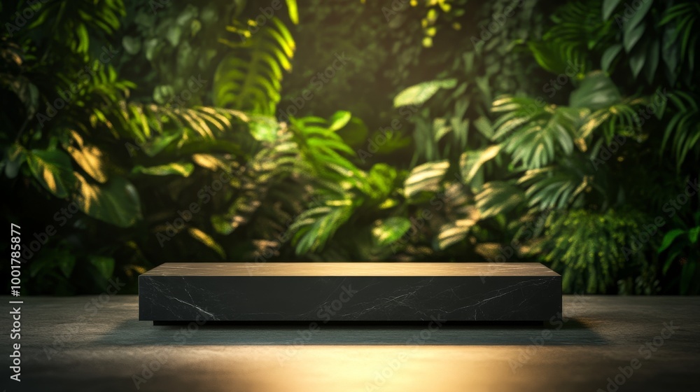 A close-up shot features a sleek black marble pedestal against a vibrant botanical background, illuminated by dappled sunlight, ideal for showcasing high-end products and decor A close-up shot features a sleek black marble pedestal against a vibrant botanical background, illuminated by dappled sunlight, ideal for showcasing high-end products and decor