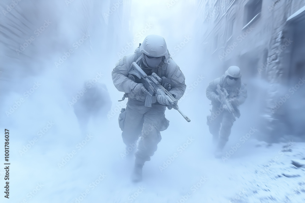 Soldiers maneuver through a snowstorm in an urban setting during a winter military exercise Soldiers maneuver through a snowstorm in an urban setting during a winter military exercise