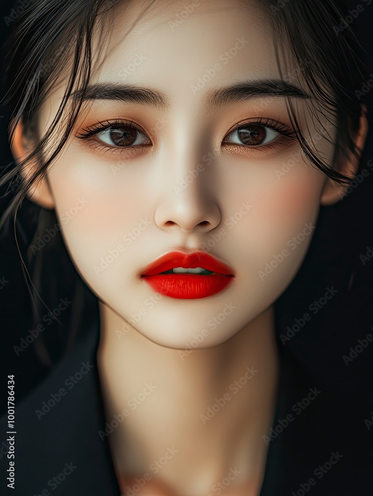 Fototapeta premium Gorgeous Young Asian female close up face with perfect make-up and red lips. Beautiful woman in black suits look confidence and charming. with generative ai