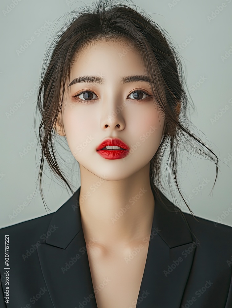 Gorgeous Young Asian female close up face with perfect make-up and red lips. Beautiful woman in black suits look confidence and charming. with generative ai Gorgeous Young Asian female close up face with perfect make-up and red lips. Beautiful woman in black suits look confidence and charming. with generative ai