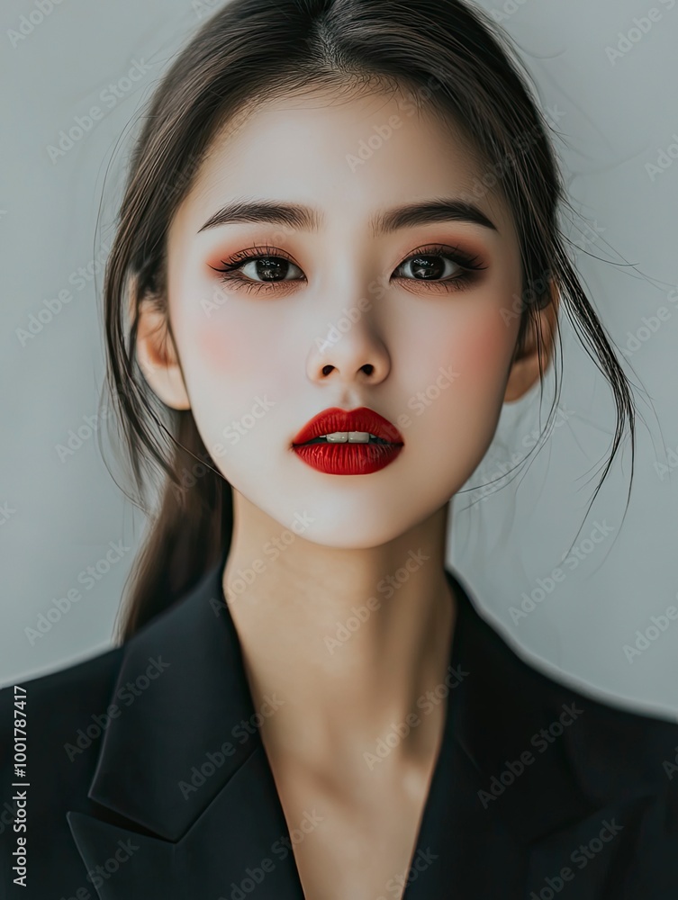 Gorgeous Young Asian female close up face with perfect make-up and red lips. Beautiful woman in black suits look confidence and charming. with generative ai Gorgeous Young Asian female close up face with perfect make-up and red lips. Beautiful woman in black suits look confidence and charming. with generative ai