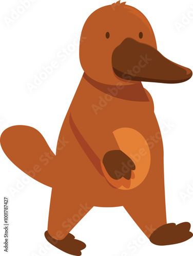 Brown platypus walking on two legs with a flat beak and tail