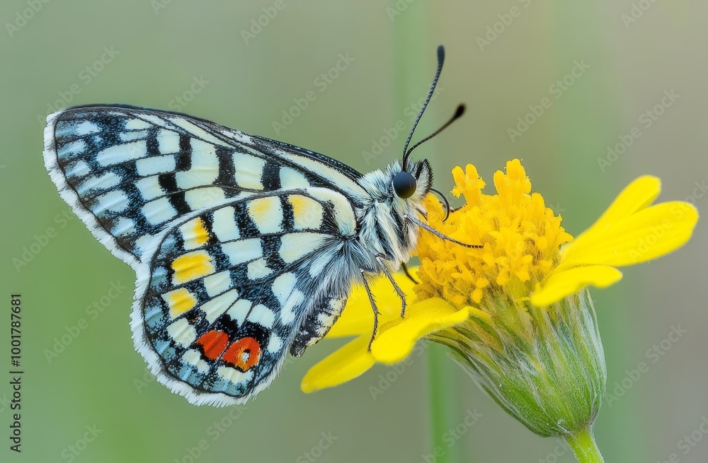 Fototapeta premium Butterfly (Euphydryas chalcedona) mating on senecio flowers at South Chilcotin Mountains Provincial Park in British Columbia.