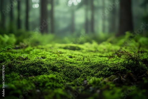 Green moss and background. Backdrop for displaying products. Dark forest background. with generative ai