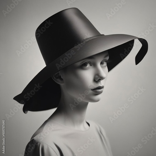 Elegant woman in classic hat, retro black and white portrait