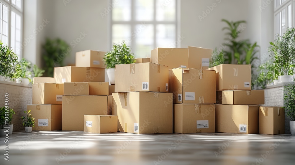 Moving boxes with fresh green plants against a white brick wall, depicting a home relocation Moving boxes with fresh green plants against a white brick wall, depicting a home relocation