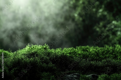 Green moss and background. Backdrop for displaying products. Dark forest background. with generative ai