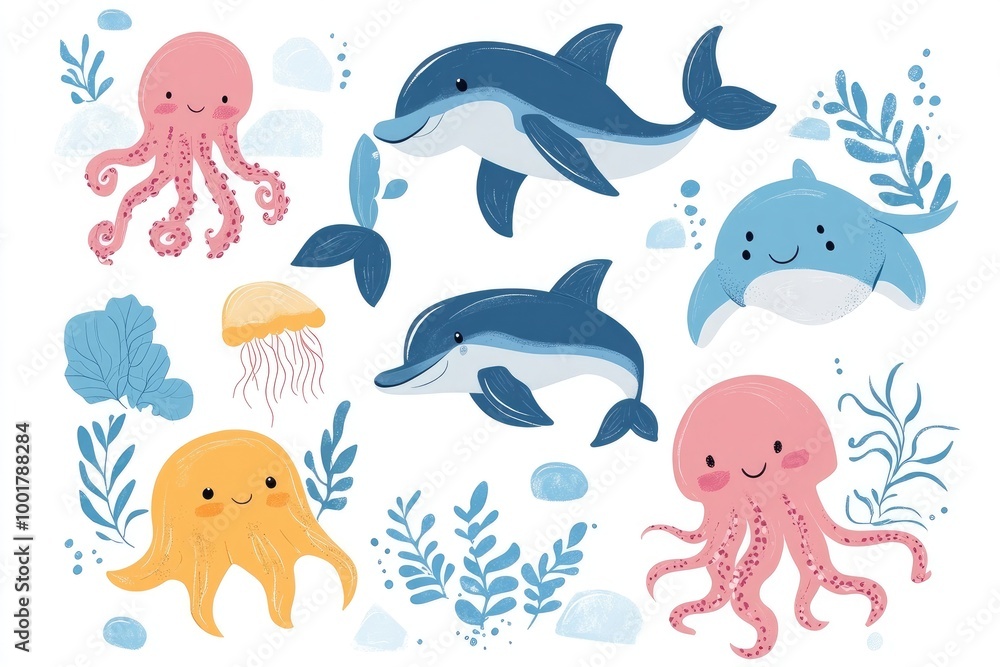 Cute sea animals like dolphins, octopuses, and jellyfish in an illustrated set. 4k illustration Cute sea animals like dolphins, octopuses, and jellyfish in an illustrated set. 4k illustration