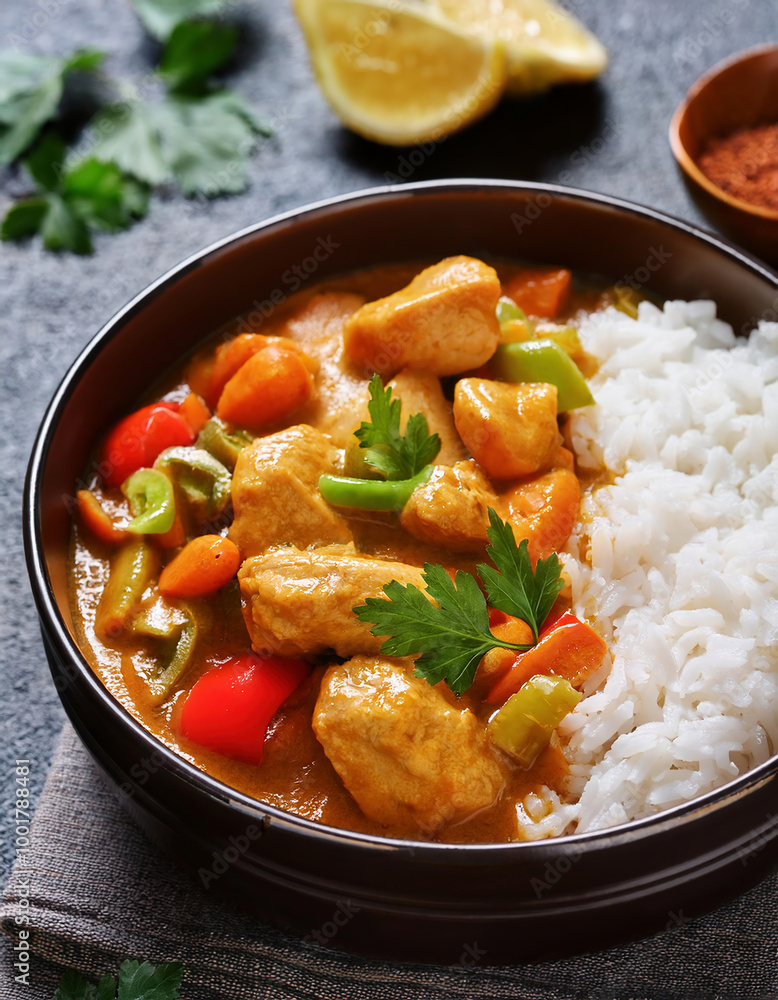 Chicken tikka masala with rice and vegetables. Indian cuisine Chicken tikka masala with rice and vegetables. Indian cuisine