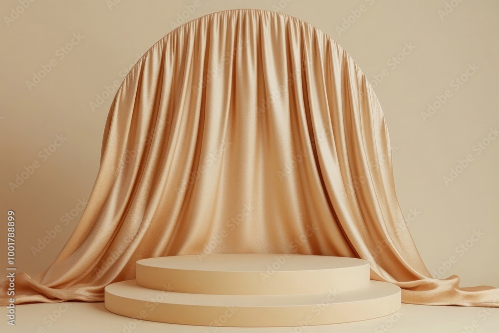 Elegant 3D podium display with beige silk curtain, perfect for product presentation Elegant 3D podium display with beige silk curtain, perfect for product presentation