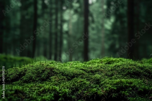 Green moss and background. Backdrop for displaying products. Dark forest background. with generative ai