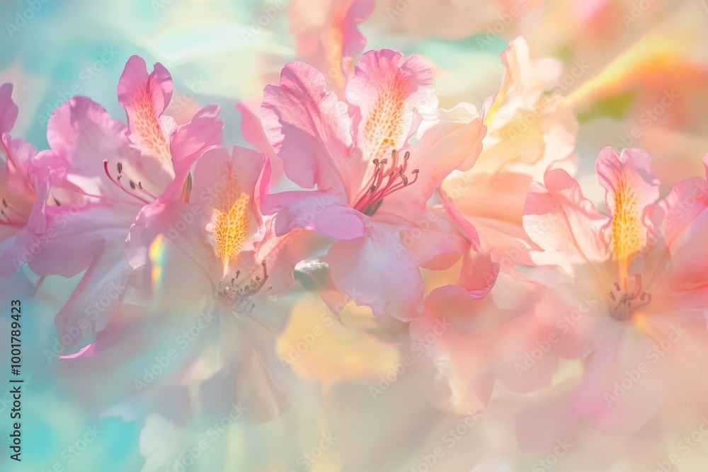 The light of a rainbow shines on azalea flowers The light of a rainbow shines on azalea flowers