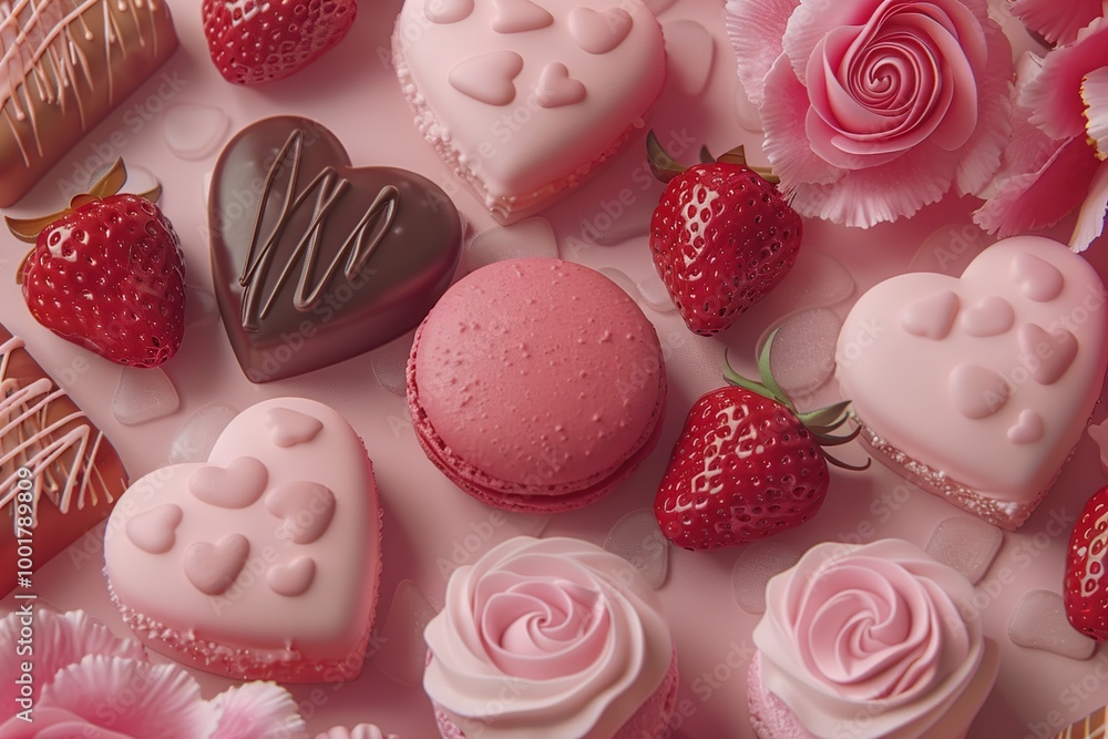 A romantic top view of desserts with heart-shaped cakes, rose macarons, and chocolate-dipped strawberries A romantic top view of desserts with heart-shaped cakes, rose macarons, and chocolate-dipped strawberries