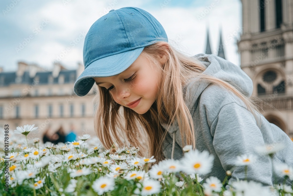 Fototapeta premium Daisy flowers are in full bloom in a garden and a girl sits in the middle of them and gazes up at them