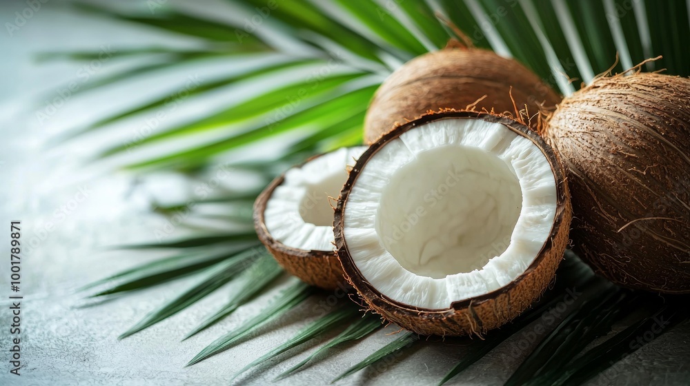 Tropical coconuts with palm leaves on textured surface Tropical coconuts with palm leaves on textured surface