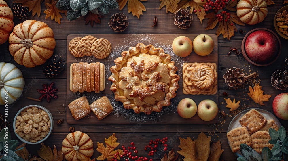 A rustic autumn top view of desserts with pumpkin pies, apple crisps, and spiced cookies, styled with fall leaves and rustic decor A rustic autumn top view of desserts with pumpkin pies, apple crisps, and spiced cookies, styled with fall leaves and rustic decor