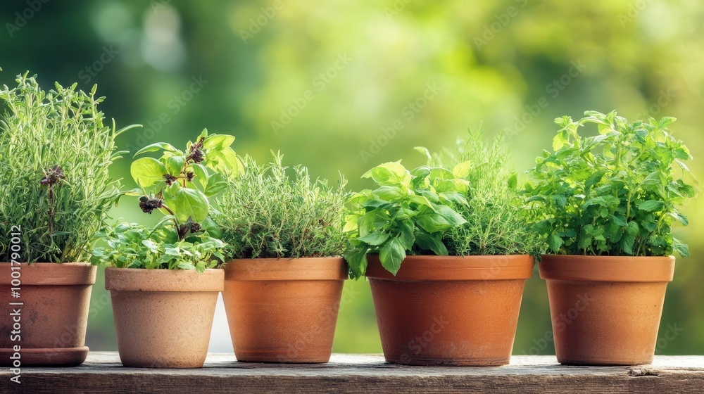 Fresh herbs in pots placed on a natural background. 4k illustration Fresh herbs in pots placed on a natural background. 4k illustration
