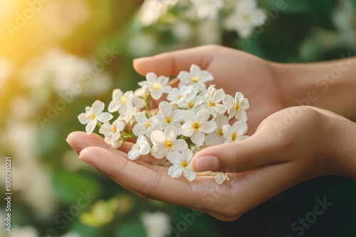 At backyard, girl holds white flower among plants with cropped hands photo