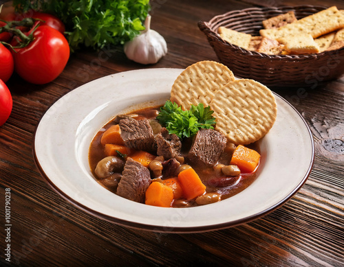 Beef stew plate with vegetables and crackers on a wooden table. photo