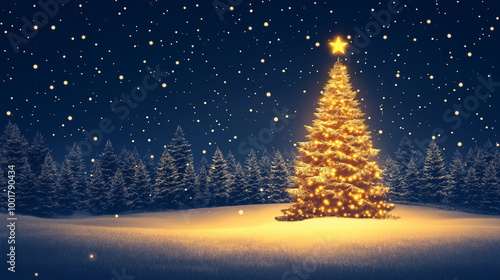 Beautifully illuminated Christmas tree, glowing with festive decorations, stands in snowy outdoors on a winter night, creating merry holiday atmosphere perfect for capturing the spirit of season.