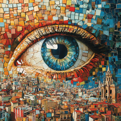 Surreal Mosaic Eye with Colorful Tiles Featuring Cityscape and Building Details in a Modern Artistic Design