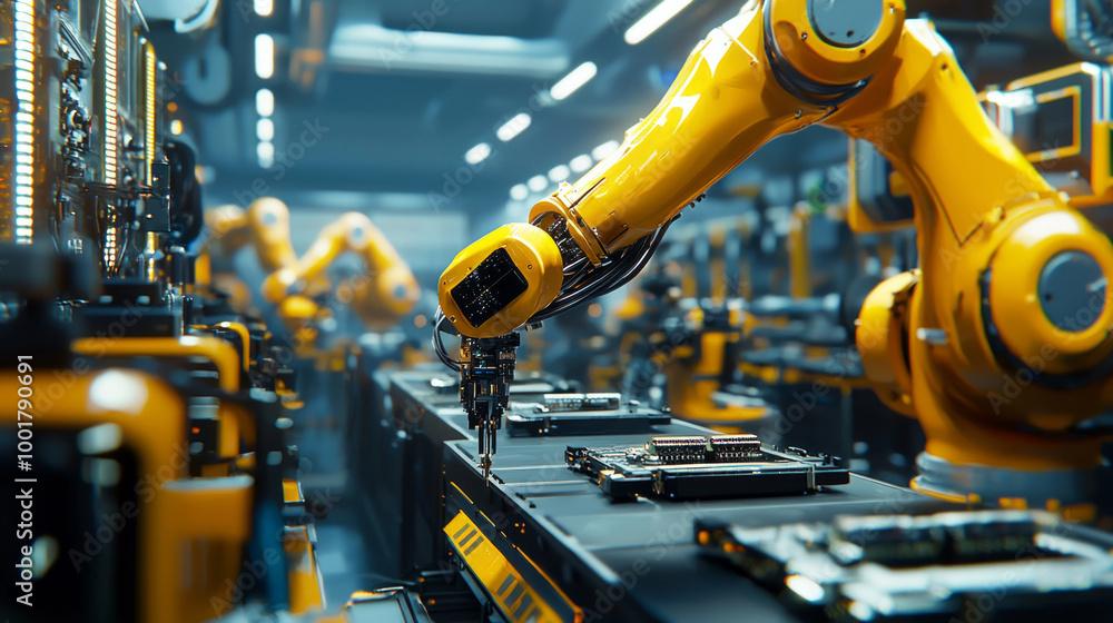 robotic arm skillfully assembles electronic components on a state of the art production line showcasing advanced automation in manufacturing processes filled with precision and innovation. robotic arm skillfully assembles electronic components on a state of the art production line showcasing advanced automation in manufacturing processes filled with precision and innovation.
