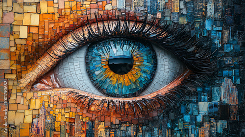 Surreal Mosaic Eye with Colorful Tiles Featuring Cityscape and Building Details in a Modern Artistic Design