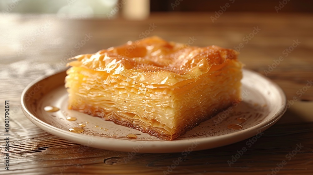 A top view of a classic baklava piece with layers of phyllo dough and honey, served on a simple plate A top view of a classic baklava piece with layers of phyllo dough and honey, served on a simple plate