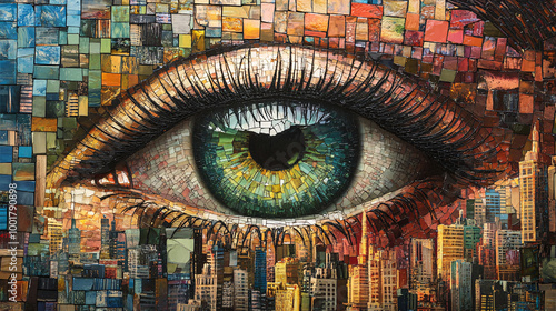 Surreal Mosaic Eye with Colorful Tiles Featuring Cityscape and Building Details in a Modern Artistic Design