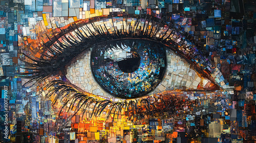 Surreal Mosaic Eye with Colorful Tiles Featuring Cityscape and Building Details in a Modern Artistic Design