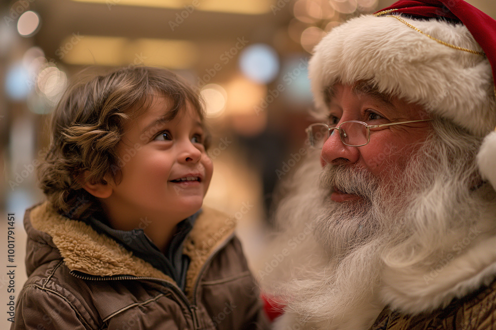 A young boy, full of wonder, gazes up at Santa Claus, who is adorned in a traditional red suit and festive decorations. The warm atmosphere captures the essence of holiday joy A young boy, full of wonder, gazes up at Santa Claus, who is adorned in a traditional red suit and festive decorations. The warm atmosphere captures the essence of holiday joy