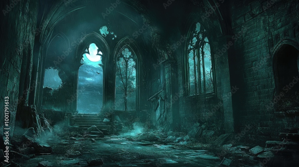 Haunted castle interior on a dark, stormy night. 4k illustration Haunted castle interior on a dark, stormy night. 4k illustration