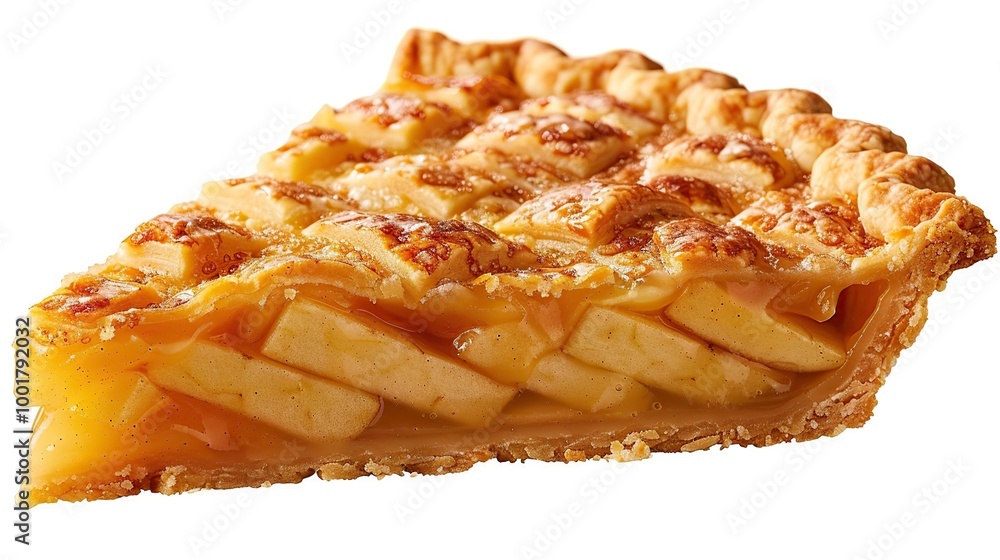A traditional apple pie slice with flaky crust and warm filling, isolated with no background A traditional apple pie slice with flaky crust and warm filling, isolated with no background