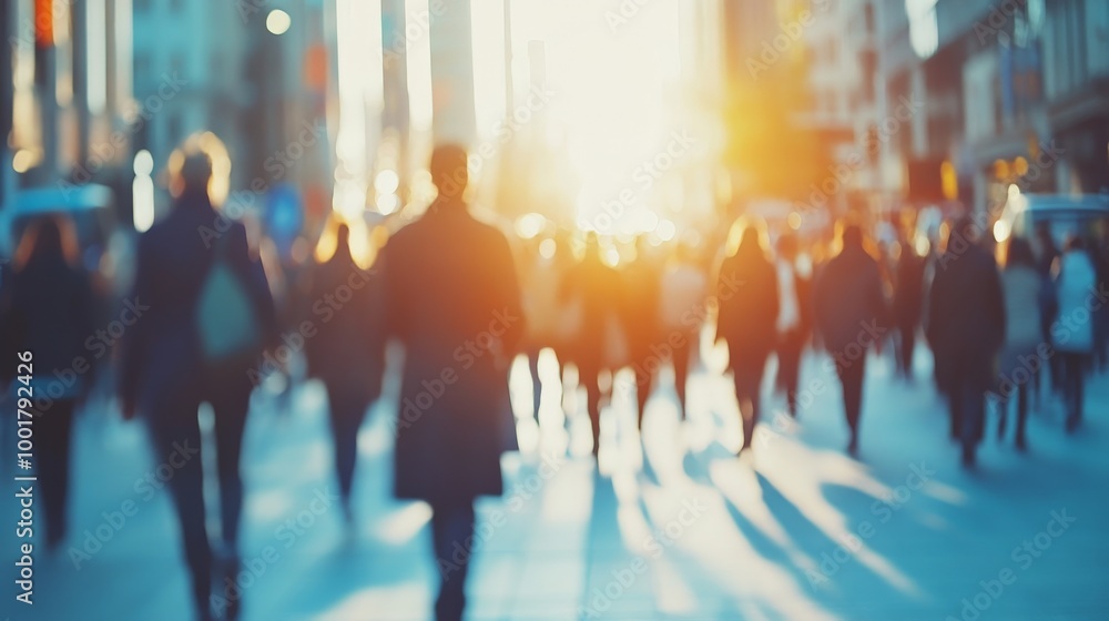Bustling City Street at Sunset with Blurred Silhouettes of Pedestrians Bustling City Street at Sunset with Blurred Silhouettes of Pedestrians