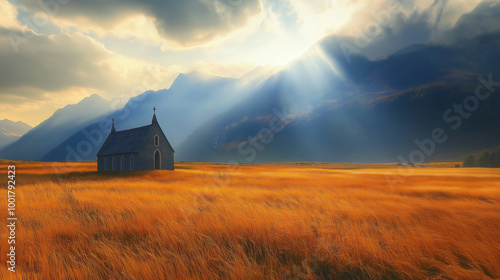 Dawn serene meadow unfolds beneath the sky, where mist gently blankets grass, framing church building embodies beauty of nature, spirit Christianity as sunrise casts a warm glow over landscape.