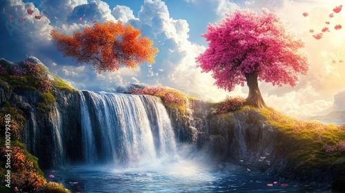 Beautiful flowing clouds above a vibrant tree, colorful flowers, and a multi-level waterfall dropping into a crystal-clear pond in a fairy tale world photo