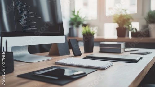 Wallpaper Mural Open planner with a computer and smartphone on an office desk. 4k illustration Torontodigital.ca