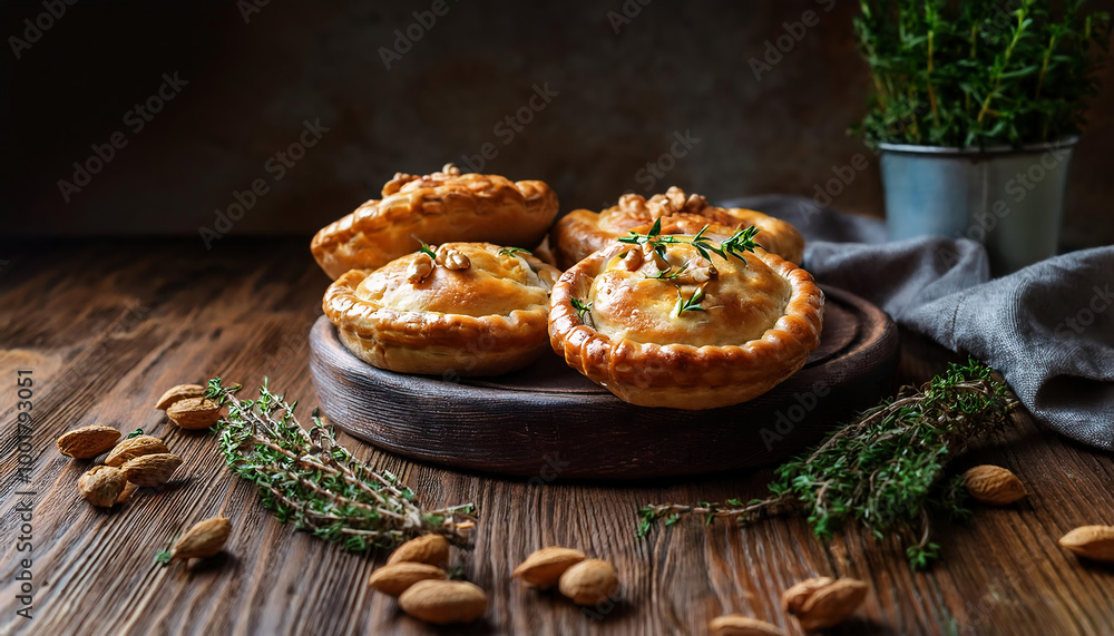 Homemade mini pies with cheese and herbs on a wooden background. Homemade mini pies with cheese and herbs on a wooden background.