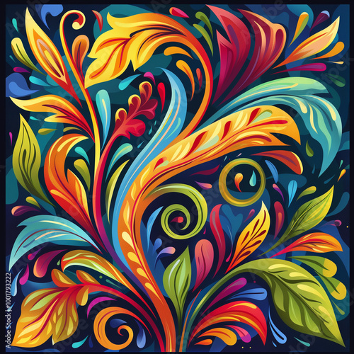 Colorful abstract plant arabesques in vibrant, flowing shapes. Perfect for backgrounds, posters, and decorative designs. Modern, bold, and full of life.