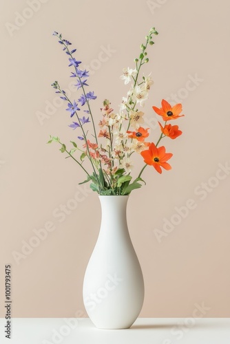 Colourful hip flowers in a simple, elegant vase in a house in The Netherlands in 2016.