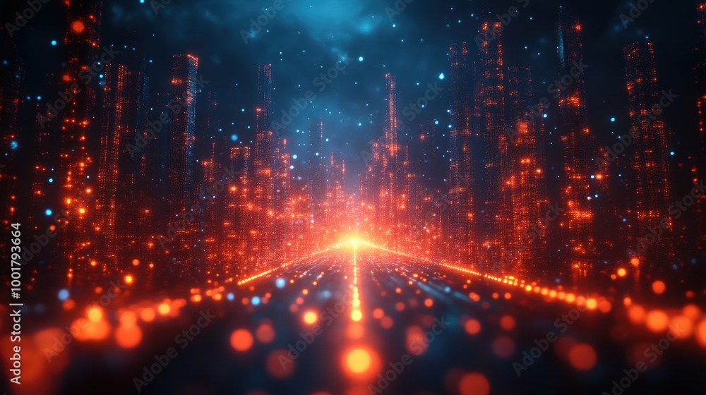 Obraz premium Futuristic Glowing Orange Grid Extending Into A Digital Cityscape