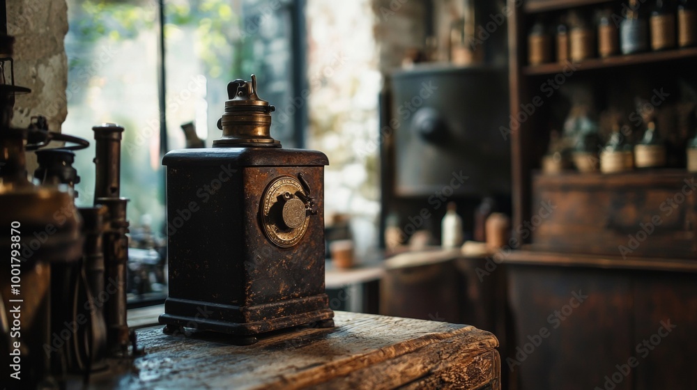 Fototapeta premium Vintage mechanical device in rustic workshop setting