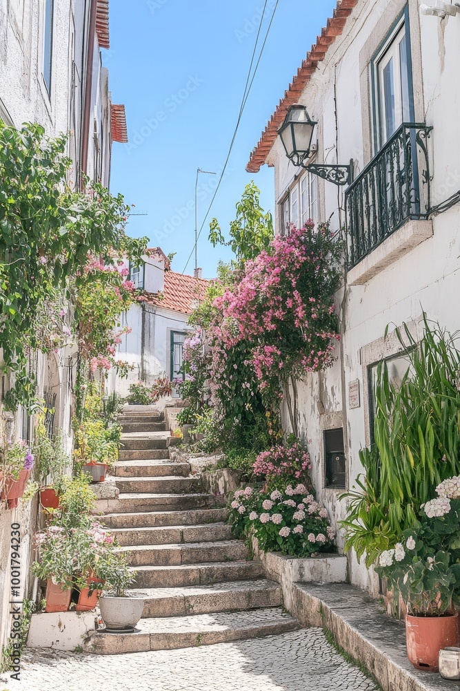 Naklejka premium A public street in Coimbra, Portugal, decorated with colorful flowers