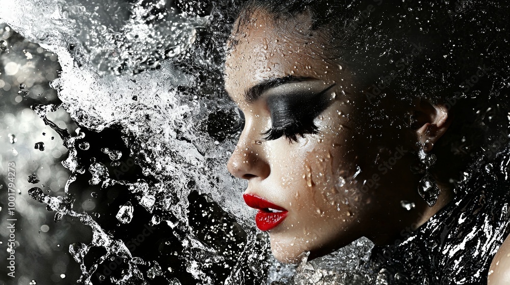 Obraz premium Portrait of woman with dramatic water splash effect