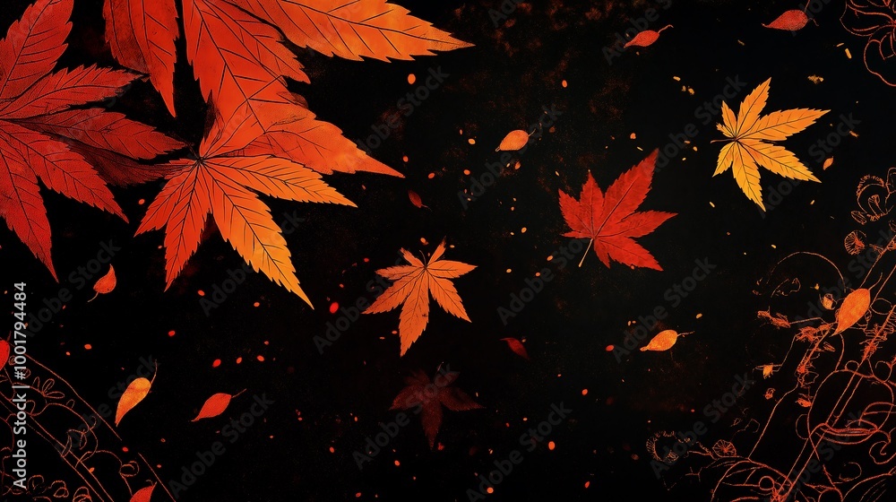 VHS screengrab of the leaves in the wind with a dark brown and orange patterned background, a retro anime style VHS screengrab of the leaves in the wind with a dark brown and orange patterned background, a retro anime style