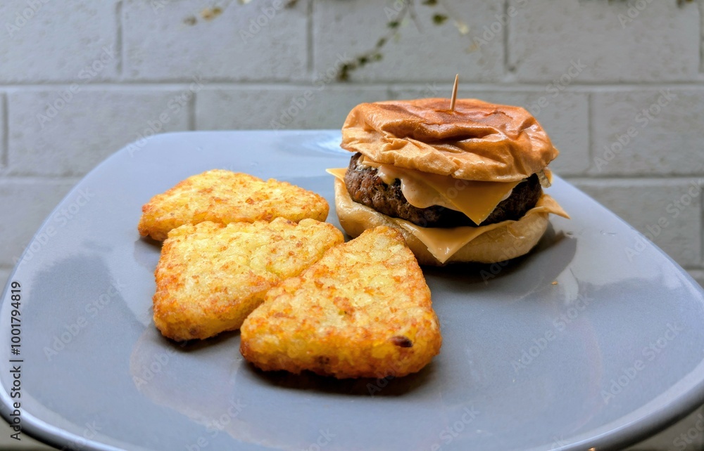 Home made cheeseburger with hash browns on blue plate, delicious food, tasty dinner