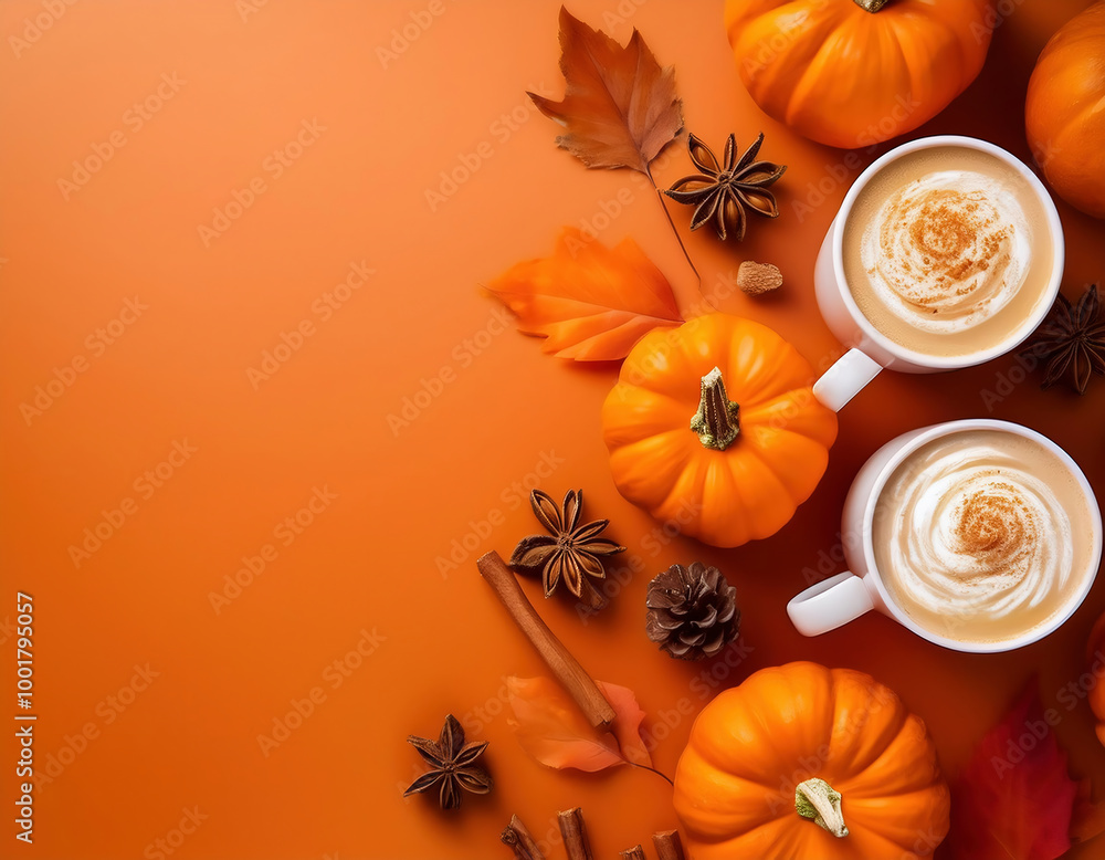 Two cups of coffee with latte art and pumpkins on orange background. copy space Two cups of coffee with latte art and pumpkins on orange background. copy space