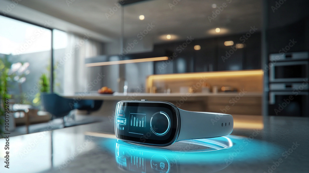 wearable device sits prominently on a kitchen countertop integrating seamlessly with home systems while displaying real time data and metrics for enhanced living. wearable device sits prominently on a kitchen countertop integrating seamlessly with home systems while displaying real time data and metrics for enhanced living.