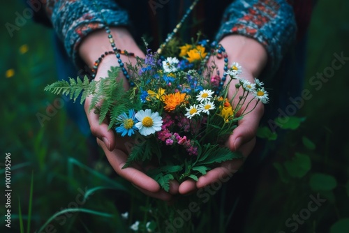 Man holding flowers and leaves at a field with cropped hands photo